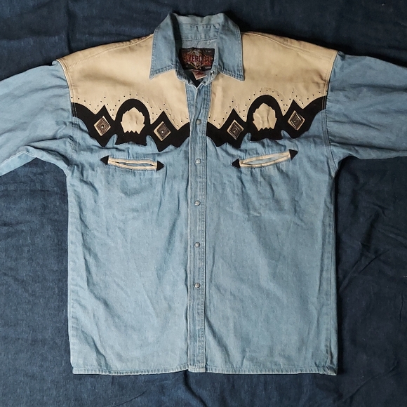Vintage 1970s RIVER GOLD Western Shirt with Cream Leather Yoke - L